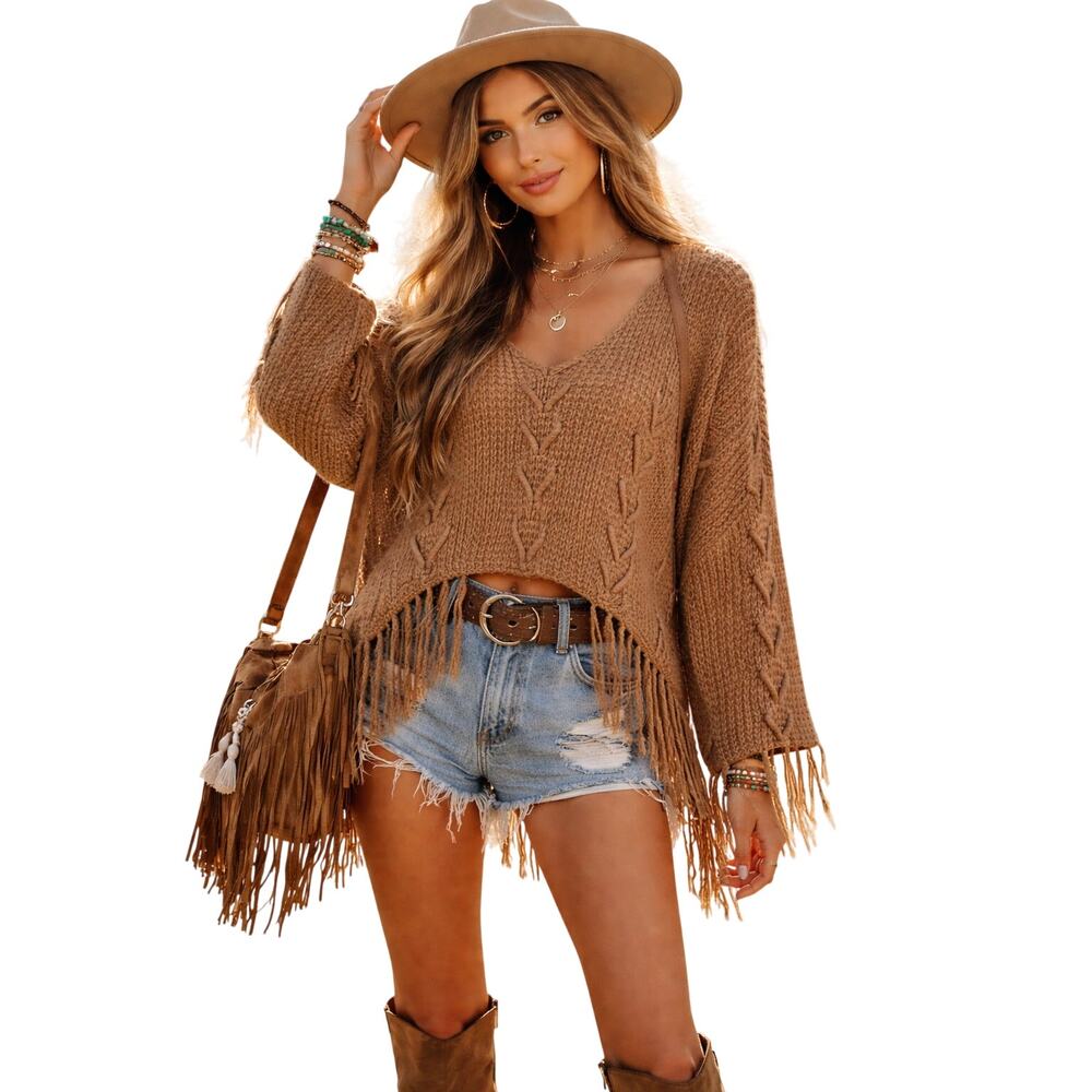 Earthbound Brown Open Knit Braided Sweater Womens M Fall Cozy Boho Casual